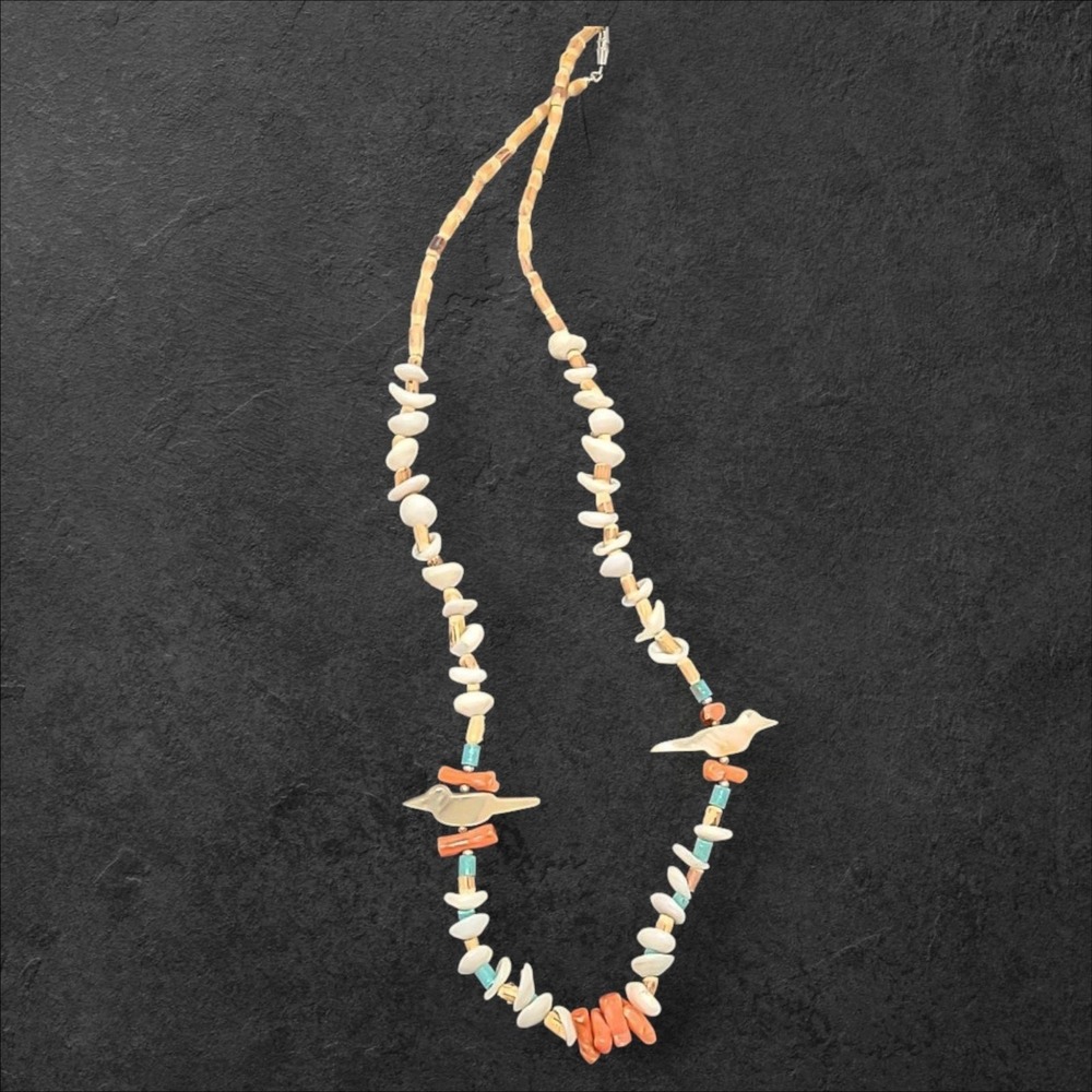 Vintage Zuni Fetish Bird Abalone MOP, Puka Shell, Coral & Turquoise Necklace 21"